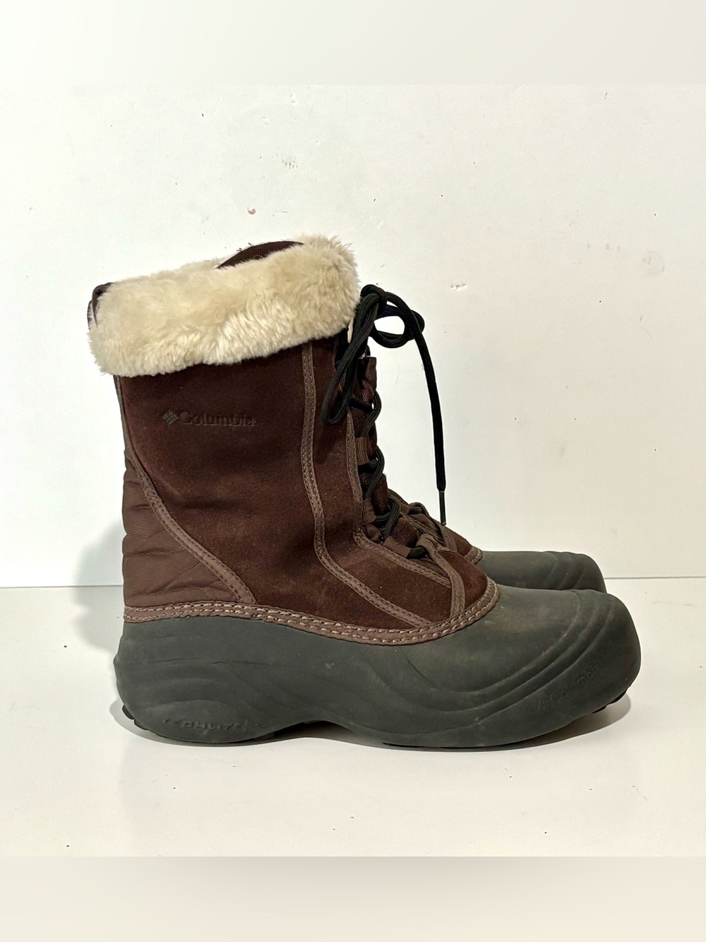 Columbia Brown Winter Lace-Up Boots with Cream Faux-Fur Collar Size 7